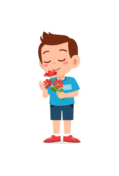Μικρό Αγόρι Που Κρατάει Λουλούδι Και Μυρίζει Μυρωδιά — Διανυσματικό Αρχείο
