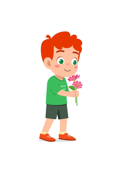 Mały Chłopiec Trzyma Kwiat Wącha Zapach — Wektor stockowy