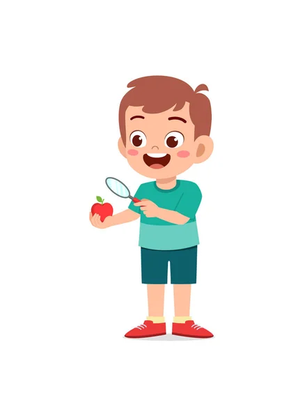 小さな男の子がリンゴと虫眼鏡をかけて — ストックベクタ