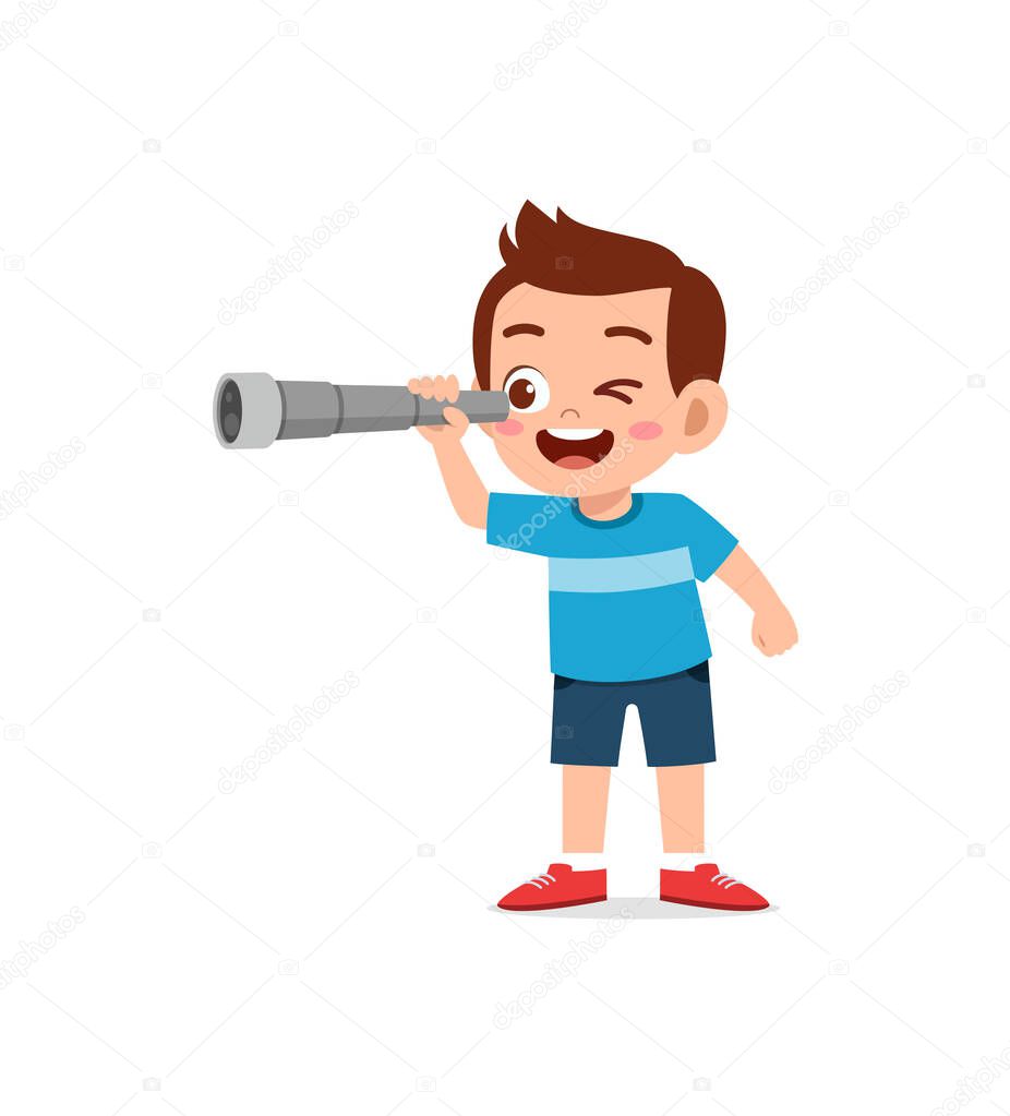 little boy standing and see using telescope