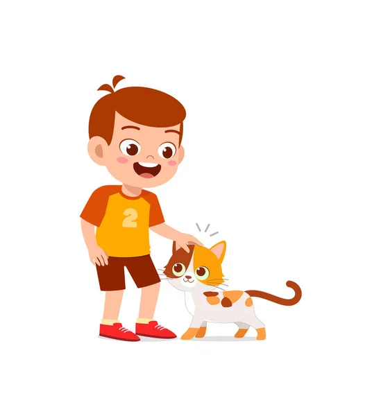 Μικρό Αγόρι Παίζει Μαζί Χαριτωμένο Γάτα — Διανυσματικό Αρχείο
