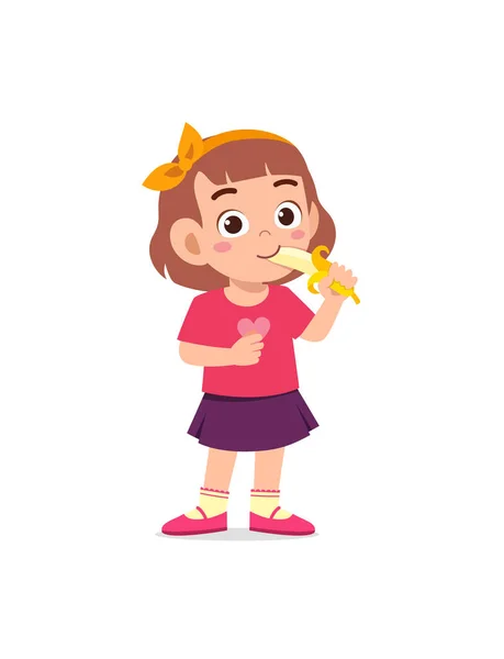 Little Girl Standing Eating Fresh Banana — Stock Vector