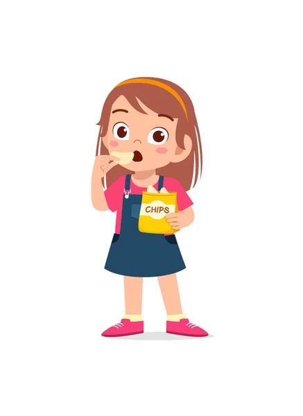 Mała Dziewczynka Jeść Chipsy Ziemniaczane Czuć Się Szczęśliwy — Wektor stockowy