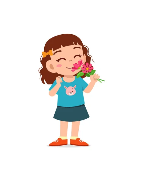 Kleines Mädchen Mit Blume Und Riecht Den Duft — Stockvektor