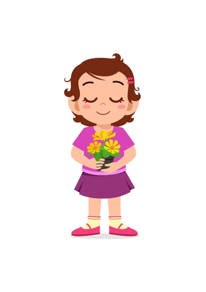 小女孩牵着花嗅着香气 — 图库矢量图片