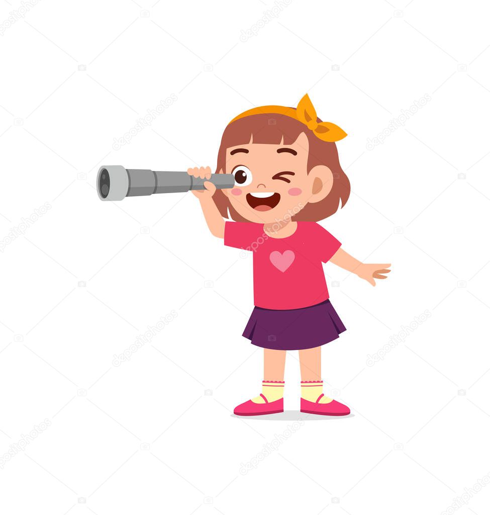 little girl standing and see using telescope