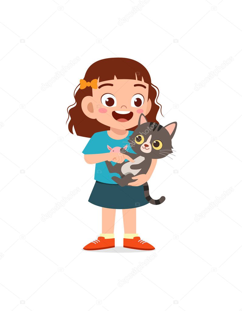 little girl playing together with cute cat