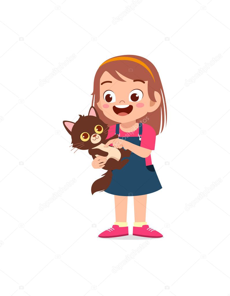 little girl playing together with cute cat