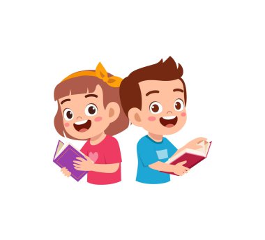 Küçük oğlan ve kız birlikte kitap okuyorlar.