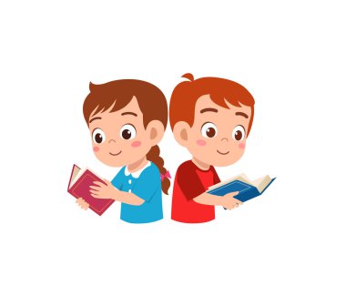 Küçük oğlan ve kız birlikte kitap okuyorlar.