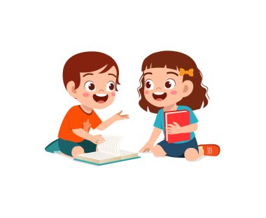 Küçük oğlan ve kız birlikte kitap okuyorlar.