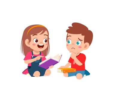 little boy and girl read book together clipart