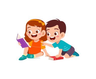 Küçük oğlan ve kız birlikte kitap okuyorlar.