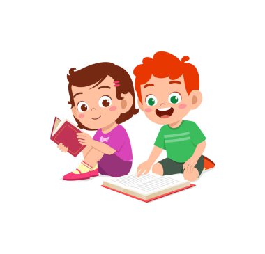Küçük oğlan ve kız birlikte kitap okuyorlar.
