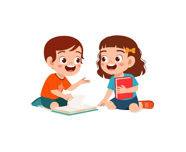Маленький Хлопчик Дівчинка Читають Книгу Разом — стоковий вектор