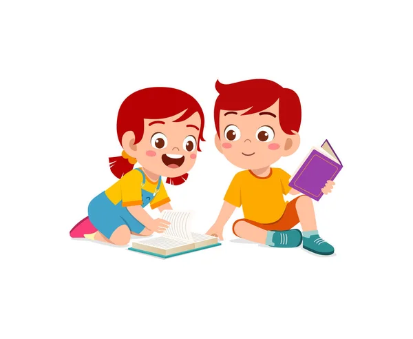 Μικρό Αγόρι Και Κορίτσι Διαβάζουν Βιβλίο Μαζί — Διανυσματικό Αρχείο