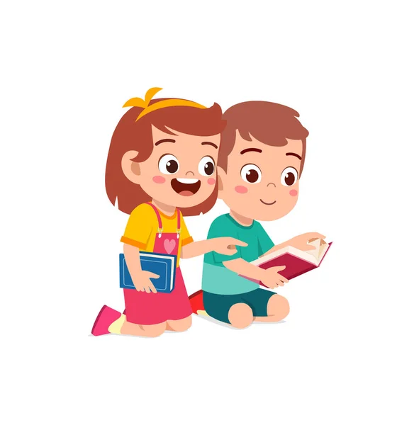 Μικρό Αγόρι Και Κορίτσι Διαβάζουν Βιβλίο Μαζί — Διανυσματικό Αρχείο