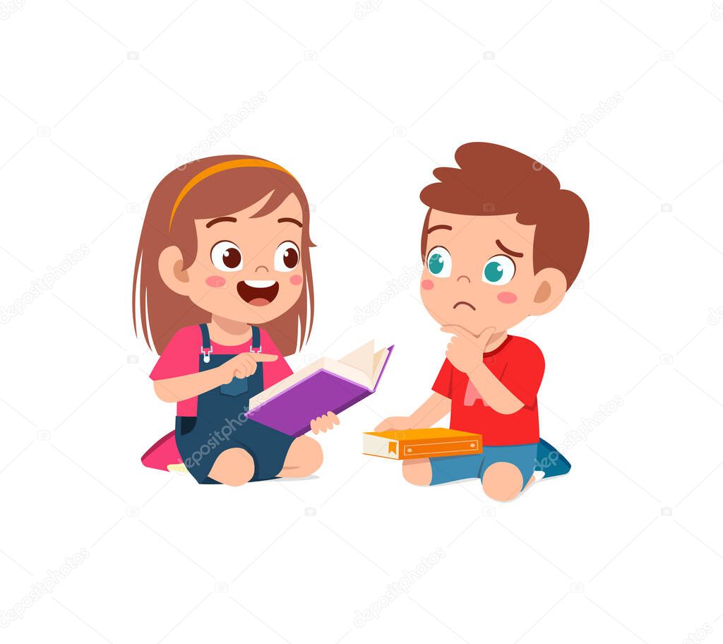 little boy and girl read book together