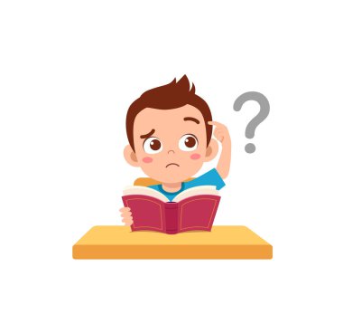 Küçük çocuk kitap okuyor ve kafası karışık.