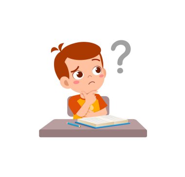 Küçük çocuk kitap okuyor ve kafası karışık.