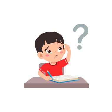 Küçük çocuk kitap okuyor ve kafası karışık.