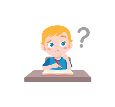 Küçük çocuk kitap okuyor ve kafası karışık.