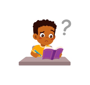 Küçük çocuk kitap okuyor ve kafası karışık.