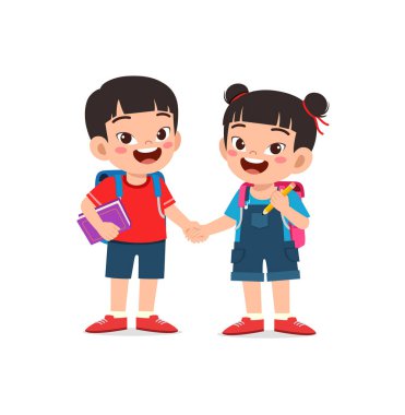 Küçük çocuk arkadaşıyla tokalaşıyor.