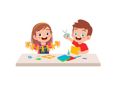 little kid cut paper for art with friend clipart