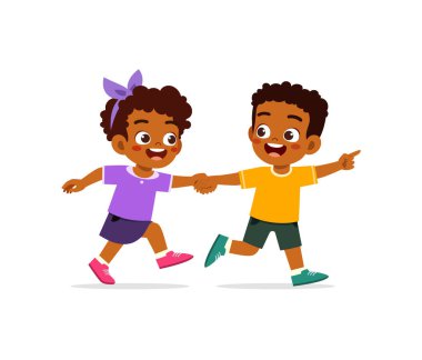 Küçük çocuk el ele tutuşup birlikte yürür.