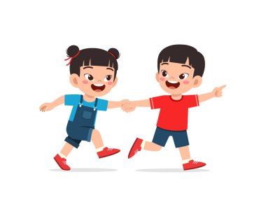 little kid holding hand and walk together clipart