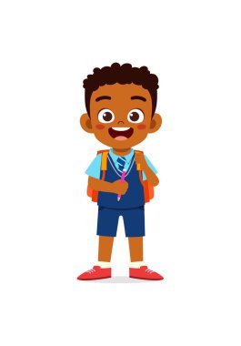 Küçük çocuk üniforma giyiyor ve okula hazır.