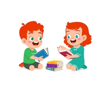 Küçük çocuk arkadaşıyla kitap okudu.