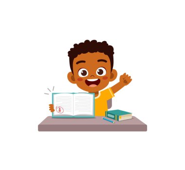 Küçük çocuk iyi not alır ve mutlu olur.