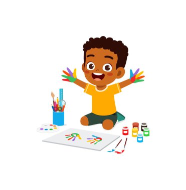 little kid make painting with hand stamp clipart
