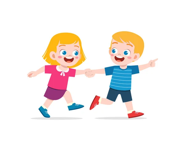 Little Kid Holding Hand Walk Together — Stock Vector
