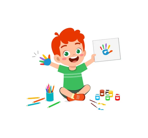 Mały Dzieciak Malować Pieczątką Ręczną — Wektor stockowy