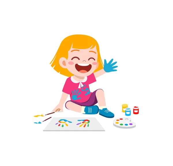 Little Kid Make Painting Hand Stamp — Stock Vector