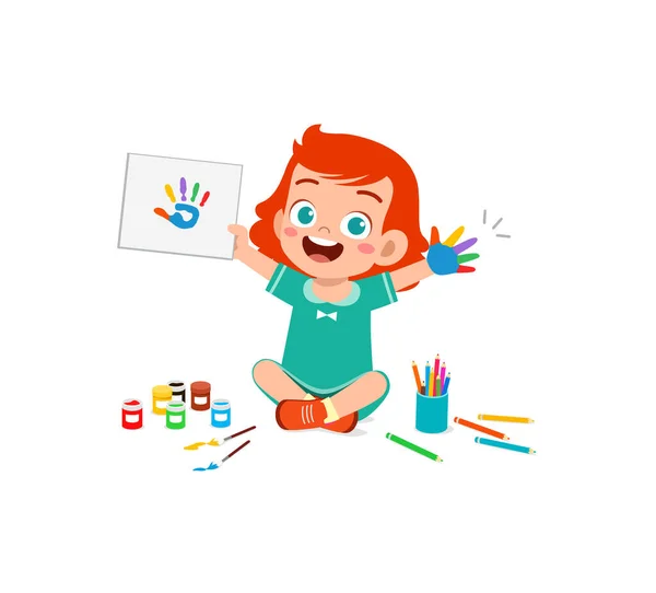 Little Kid Make Painting Hand Stamp — Stock Vector