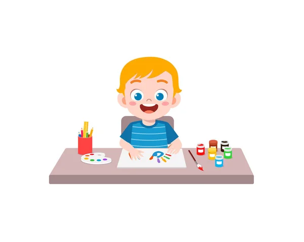 Niño Pequeño Hacer Pintura Con Sello Mano — Vector de stock