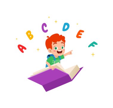 Küçük çocuk kitaba binip uçuyor.