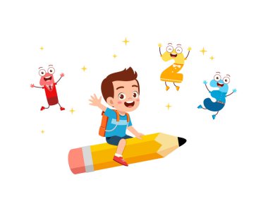 Küçük çocuk kalemle uçuyor.