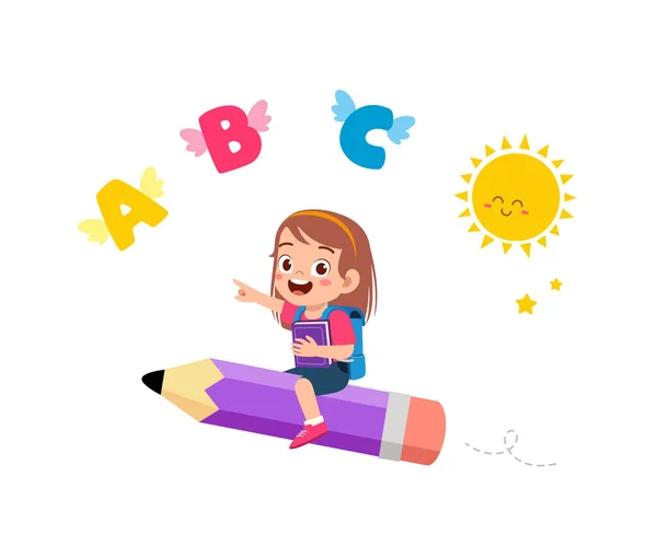 Little Kid Riding Pencil Fly — Stock Vector