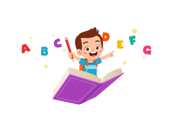 Niño Pequeño Montando Libro Volar — Vector de stock