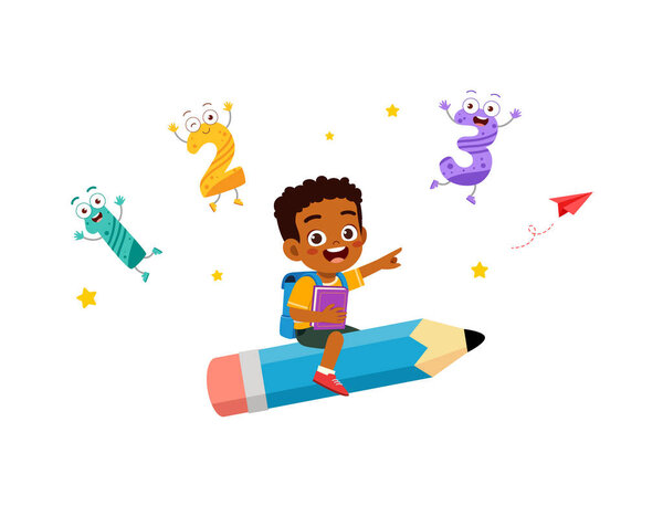 little kid riding a pencil and fly