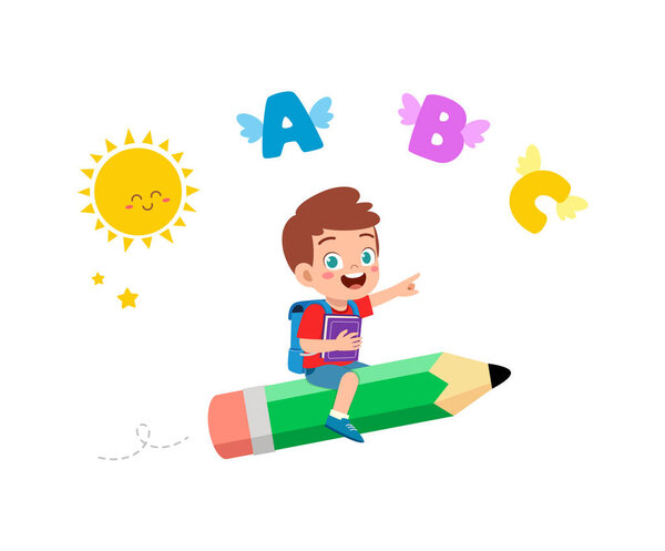 little kid riding a pencil and fly