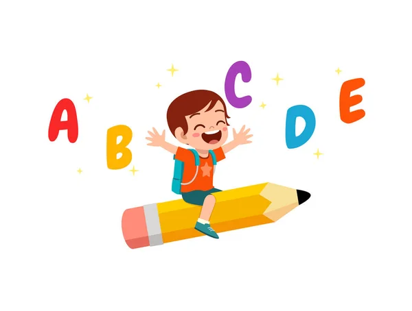 Little Kid Riding Pencil Fly — Stock Vector