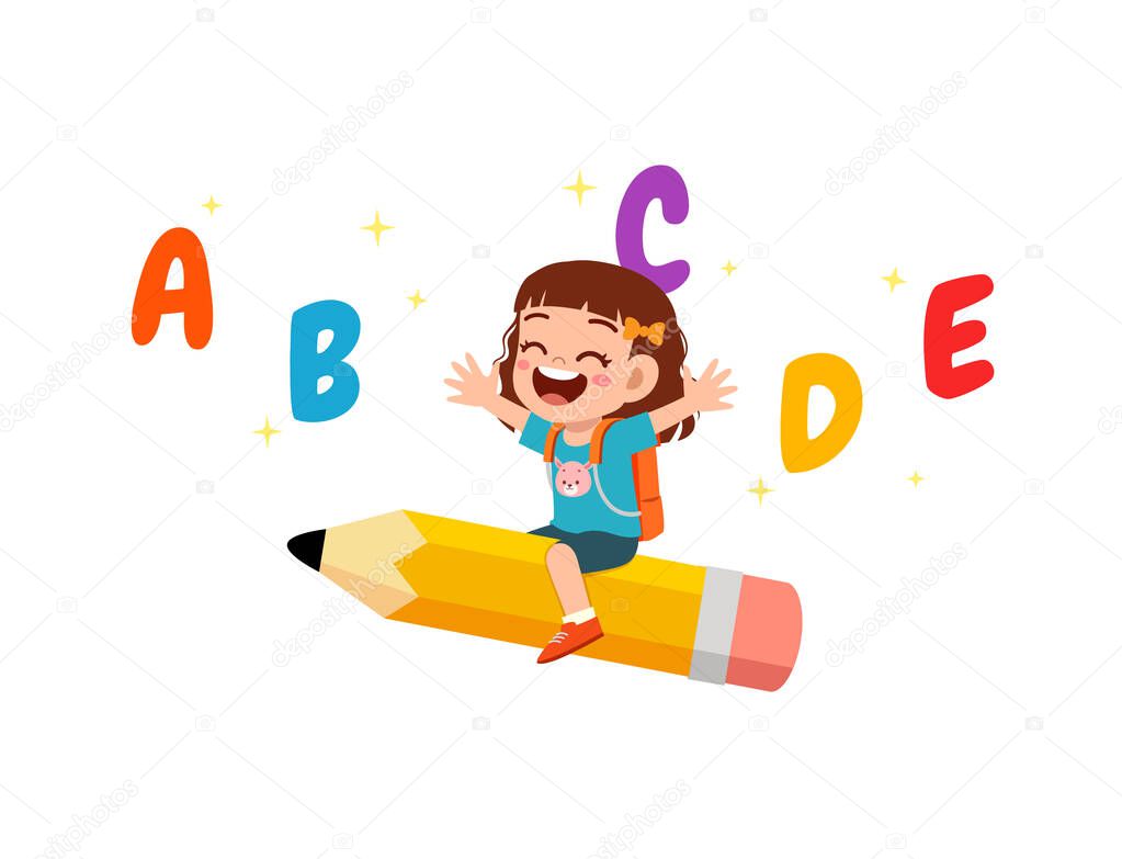 little kid riding a pencil and fly