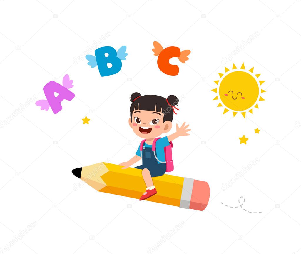 little kid riding a pencil and fly