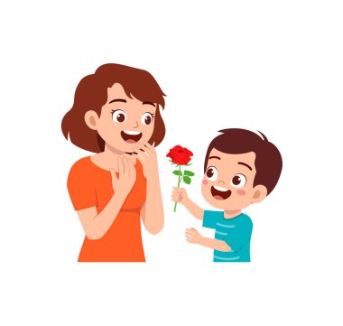 Küçük çocuk annesine bir çiçek verdi.